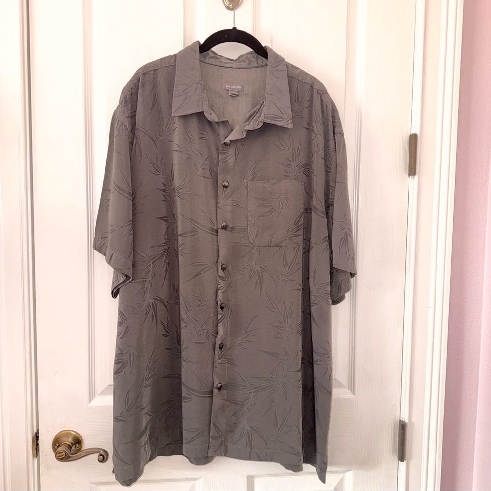 Van Heusen charcoal grey palm design buttondown collared short sleeve shirt 2XL